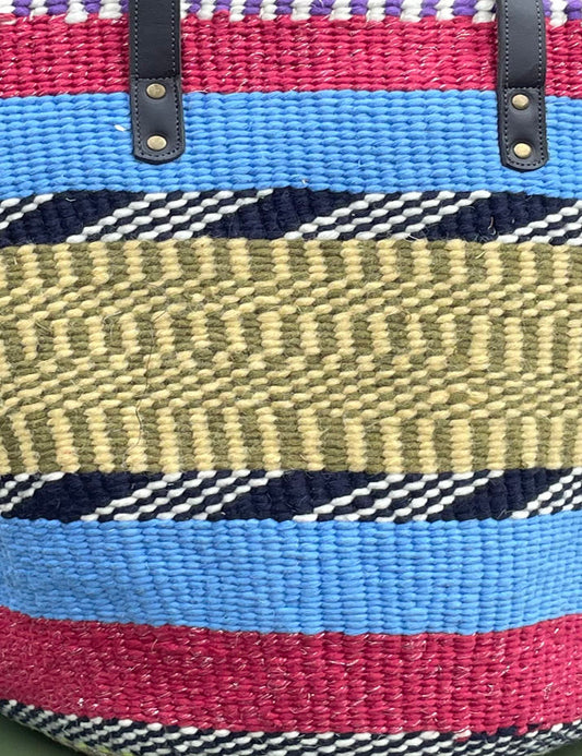 Extra Large Woollen Kiondo Basket with leather handles.Purple & White check Hoop.Claret & Periwinkle Blue Hoops, B&W zigzag, Sage & Primrose Check