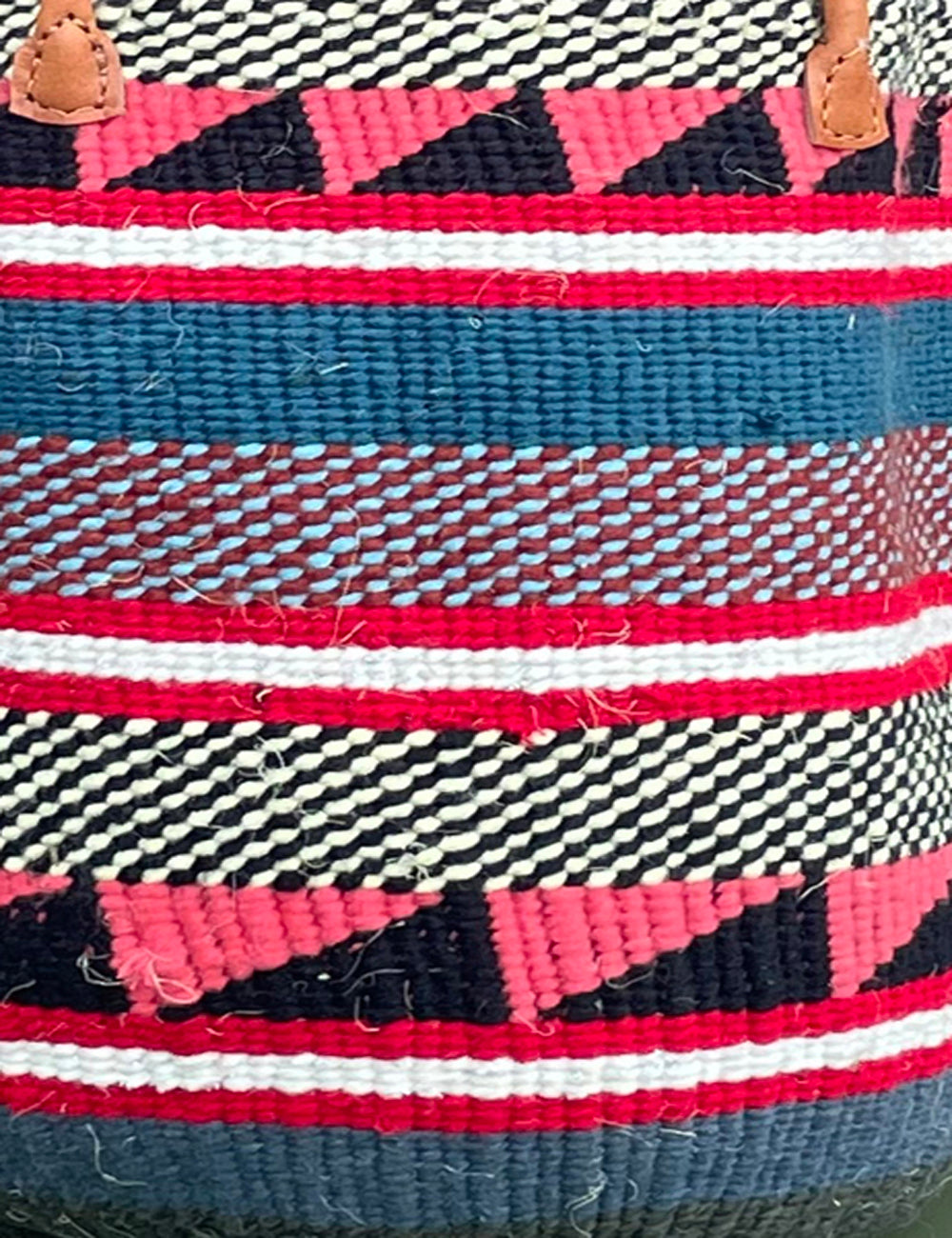 Woollen Kiondo Basket Pinks, Blues & Black with long Leather handles.