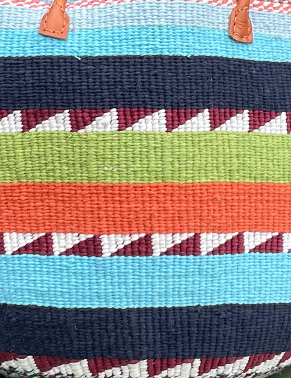 Woollen Kiondo Basket Pale Blue, Navy, Lime, Orange B&W with long Leather handles.