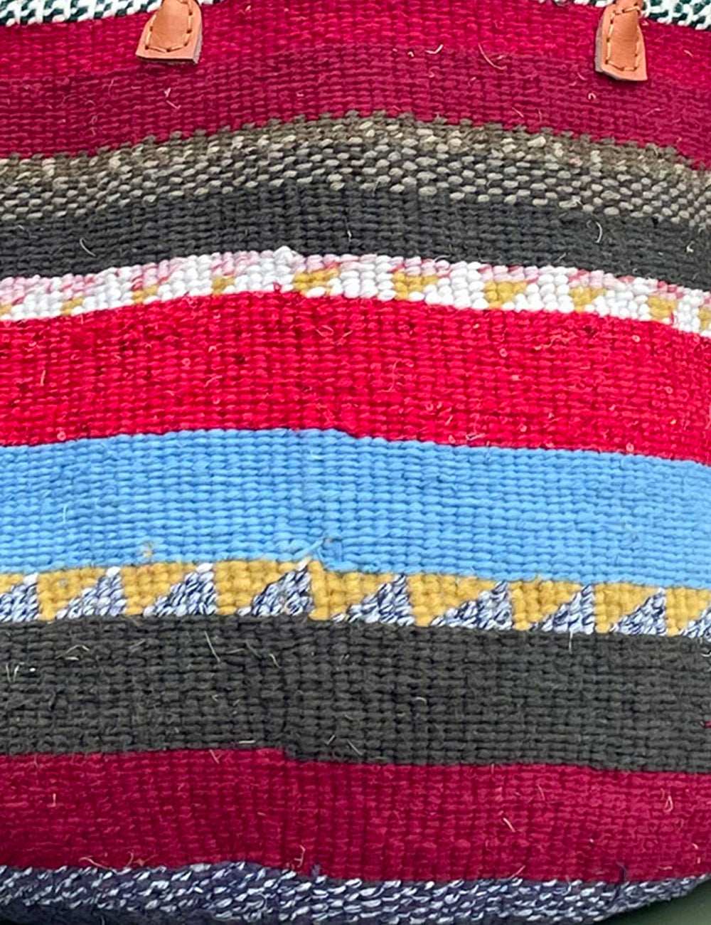 Woollen Kiondo Basket Burgundy, Reds Greys, charcoal & Mustard Hoops with long Leather handles.