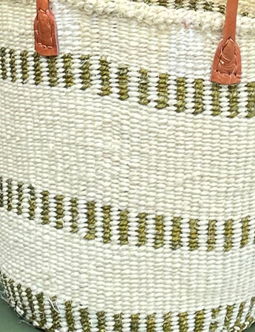 Small Sisal Basket Ivory & Olive Green Blocks in Hoops with Long Leather Handles