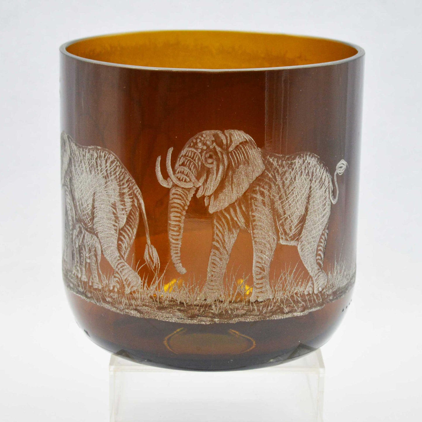 Storm Lantern Large Brown Glass, Engraved with Elephant Family