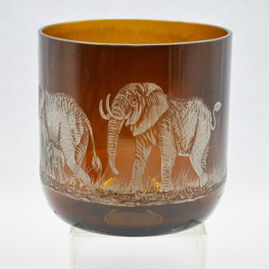 Storm Lantern Large Brown Glass, Engraved with Elephant Family