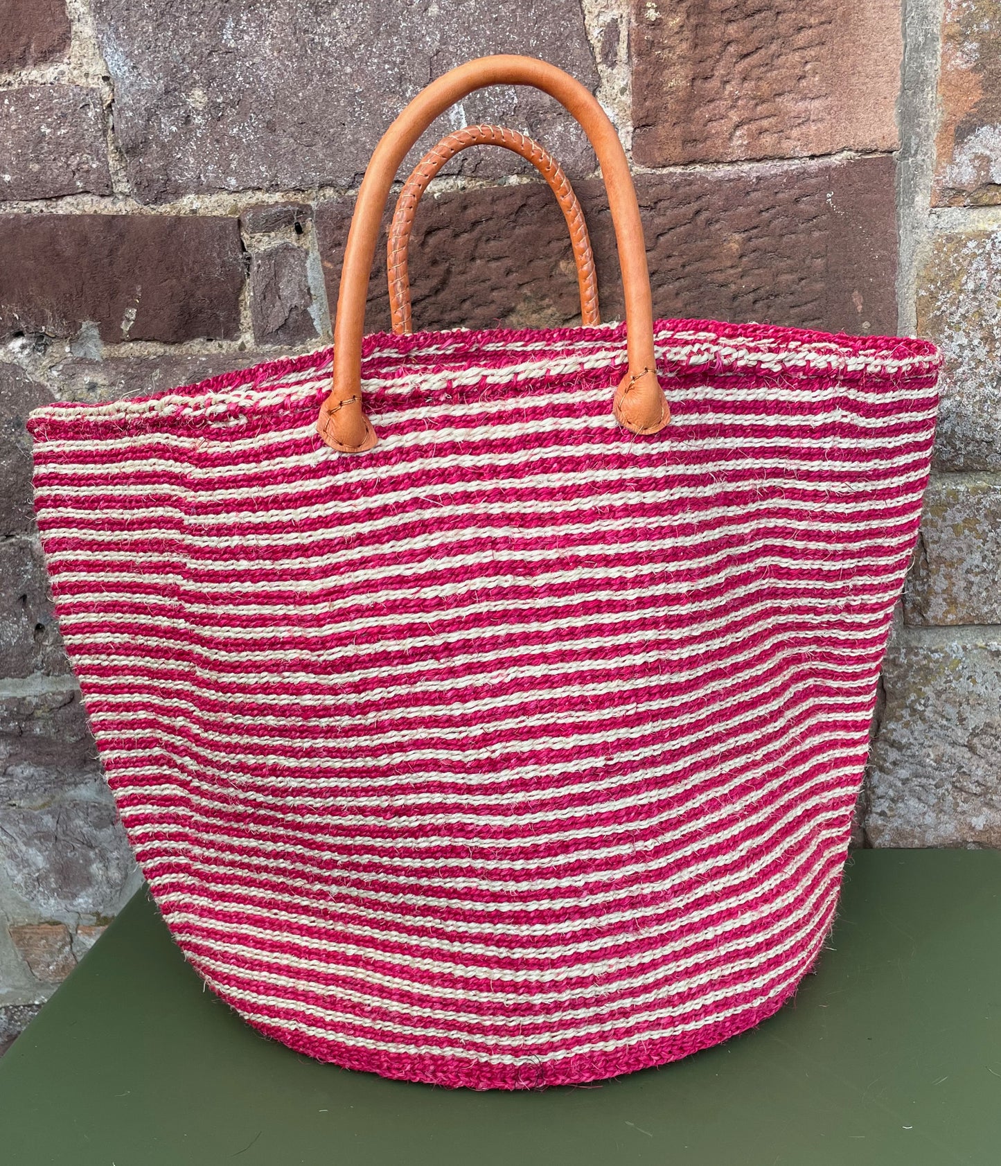Large Sisal Basket Cerise & Ivory thin Stripe