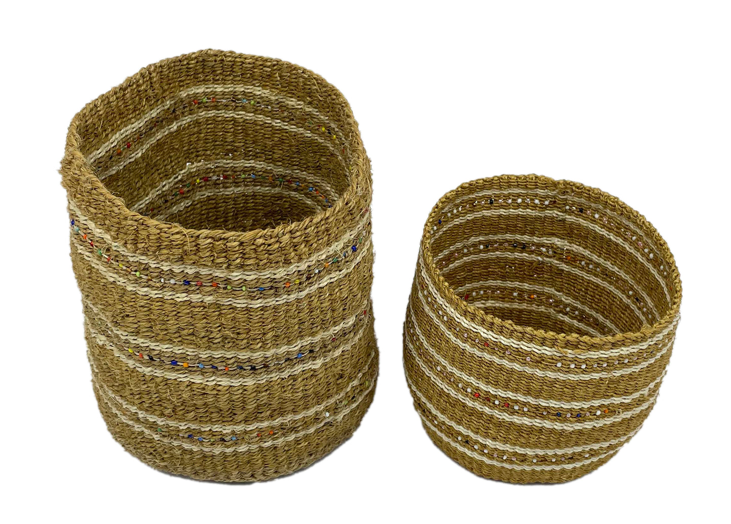 Large & Medium Beaded Fine Sisal Basket Containers-Mocha