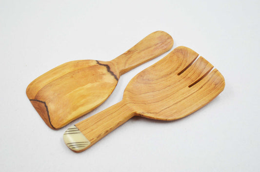Olive Wood Hand Shaped Salad Servers with Bone Inlays