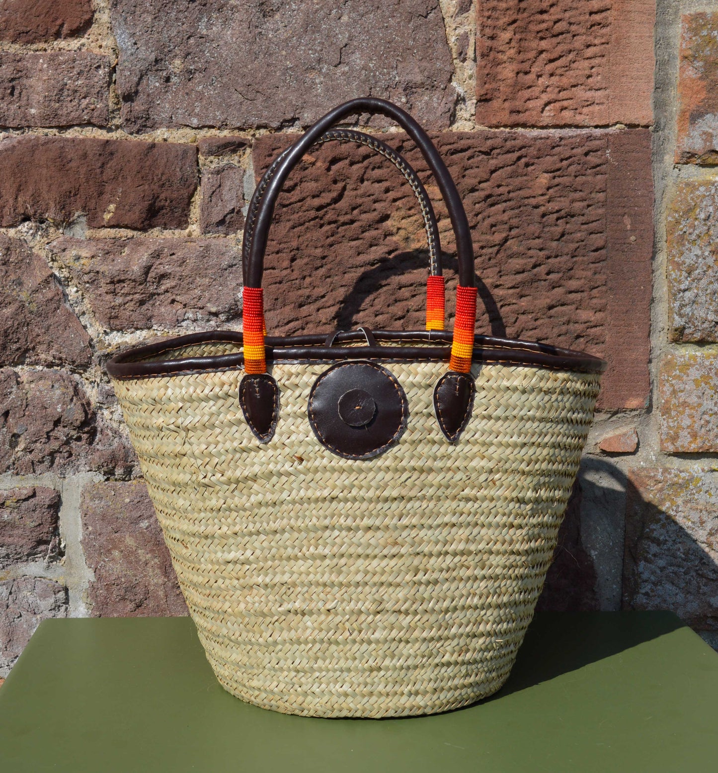 Beaded Tanzanian Seagrass Baskets with Hand stitched Leather & Beaded long handles
