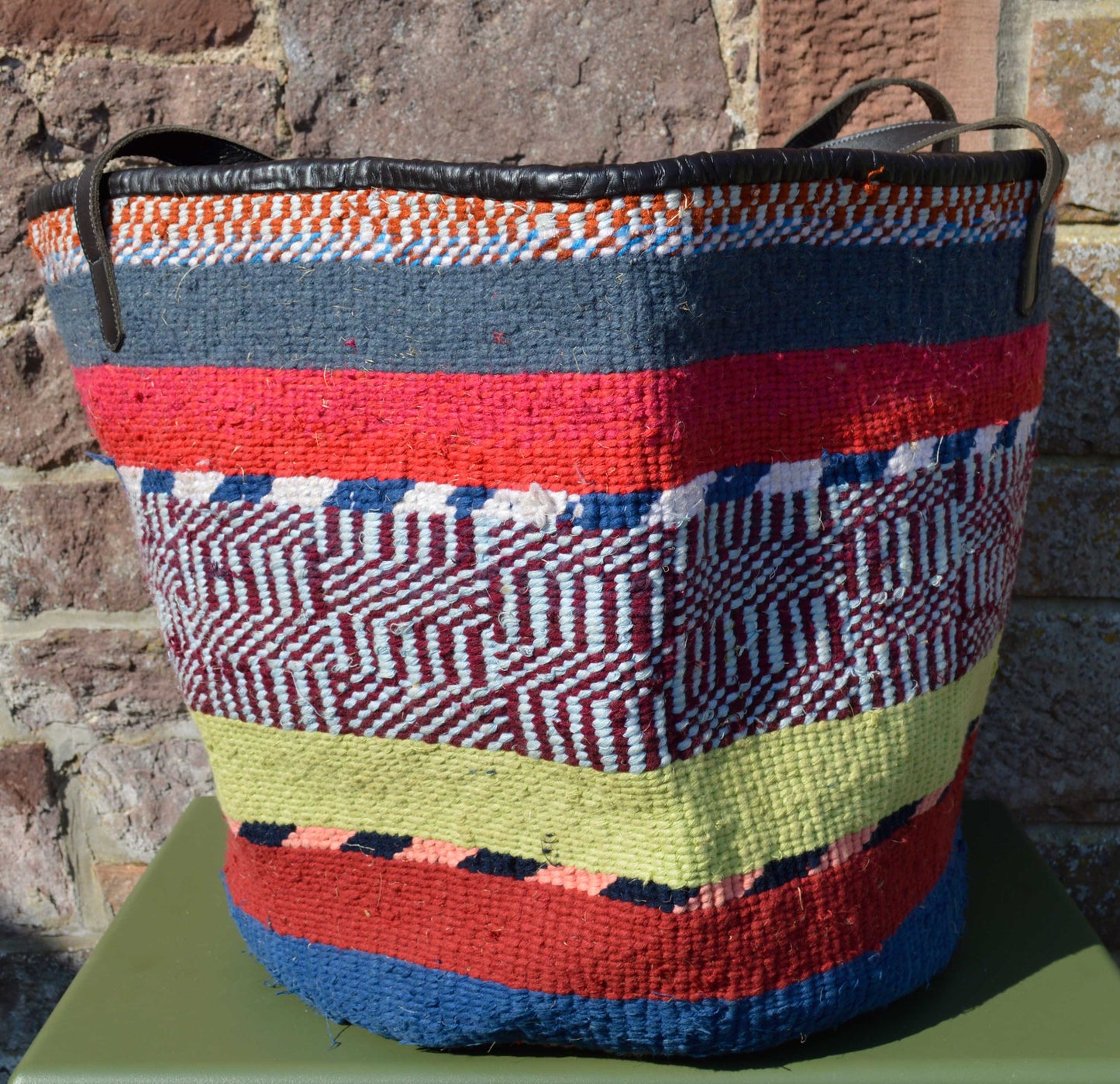 Giant Woollen Kiondo style Lined Basket with heavy duty Mocha leather trim & handles. Charcoal, Red, Mint, Blue & White, Blue & Burgundy Hoops.
