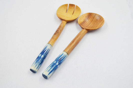 Chunky Olivewood Salad Servers with Blue Handles.