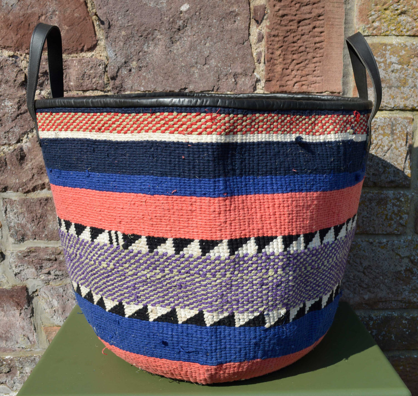 Giant Woollen Kiondo style Lined Basket with heavy duty Mocha leather trim & handles.Salmon pink, Blues B&W Hoops