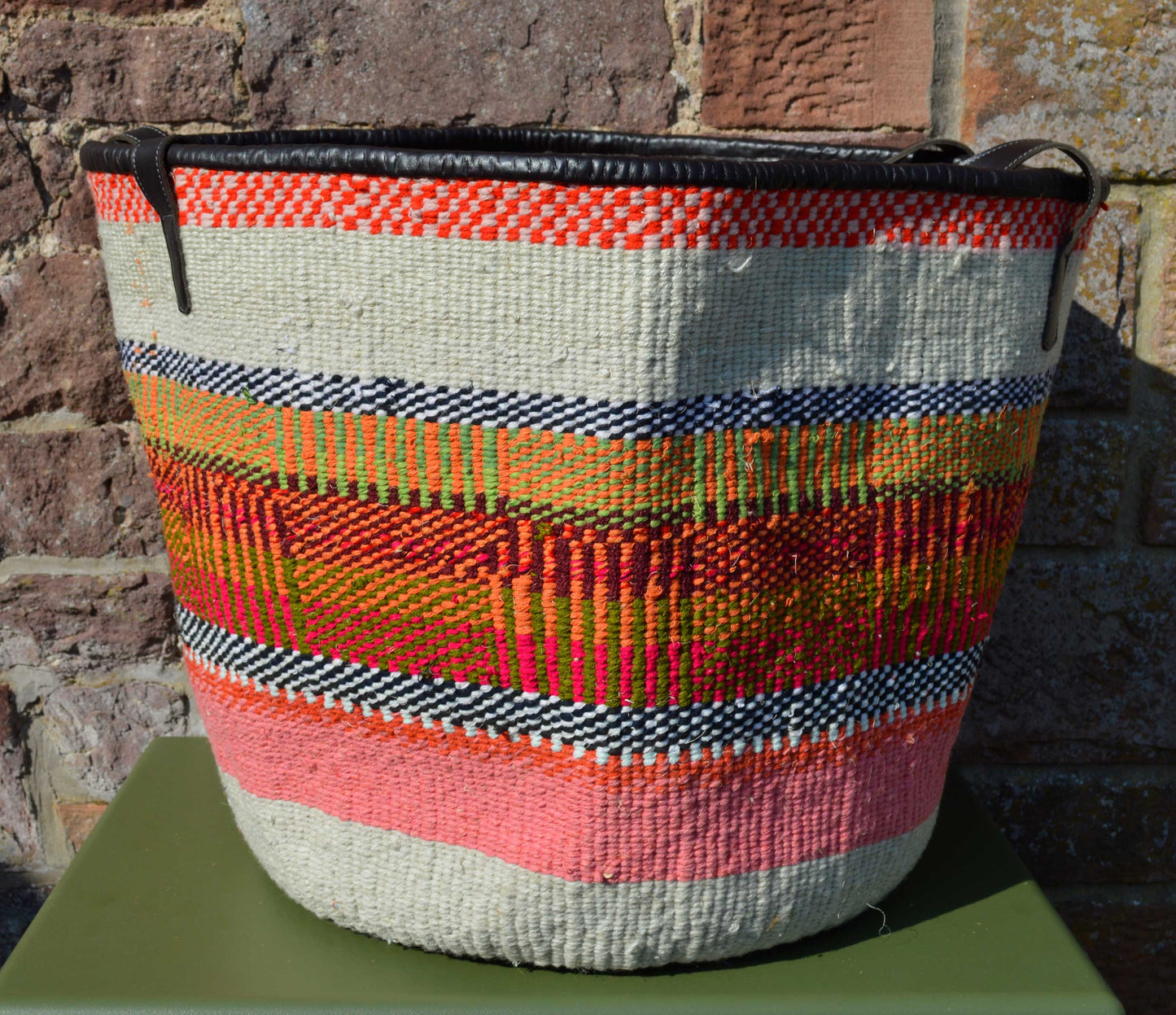 Giant Woollen Kiondo Style Lined Basket with heavy duty Mocha leather trim & handles. Pale Blue, Salmon Pink, Green & Orange & Burgundy Hoops
