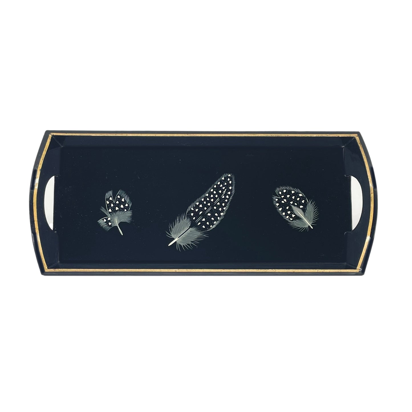Wooden Mug Tray Hand Painted Guinea Fowl feathers on Black