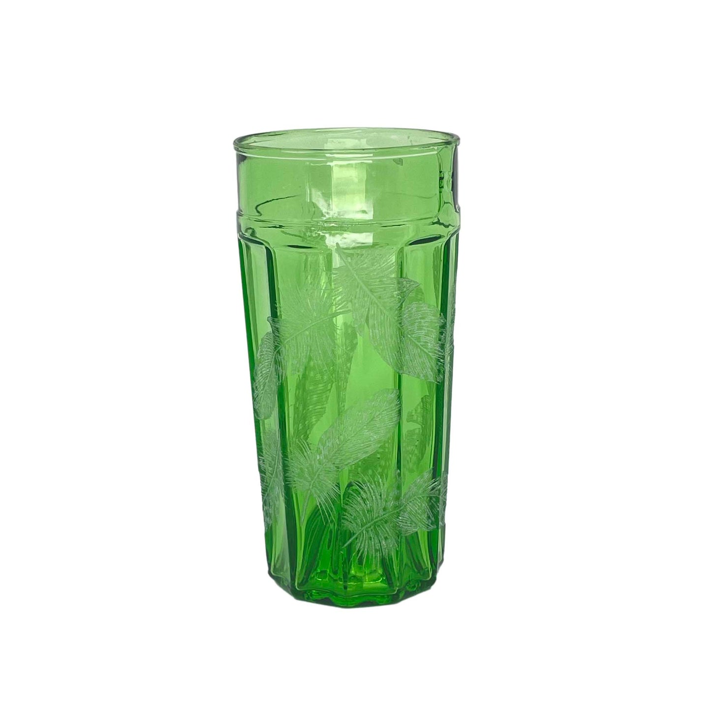 Vase, Green Glass engraved with Guinea Fowl Feathers