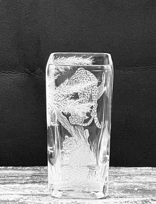 Vase, Square Engraved Leopard in Tree