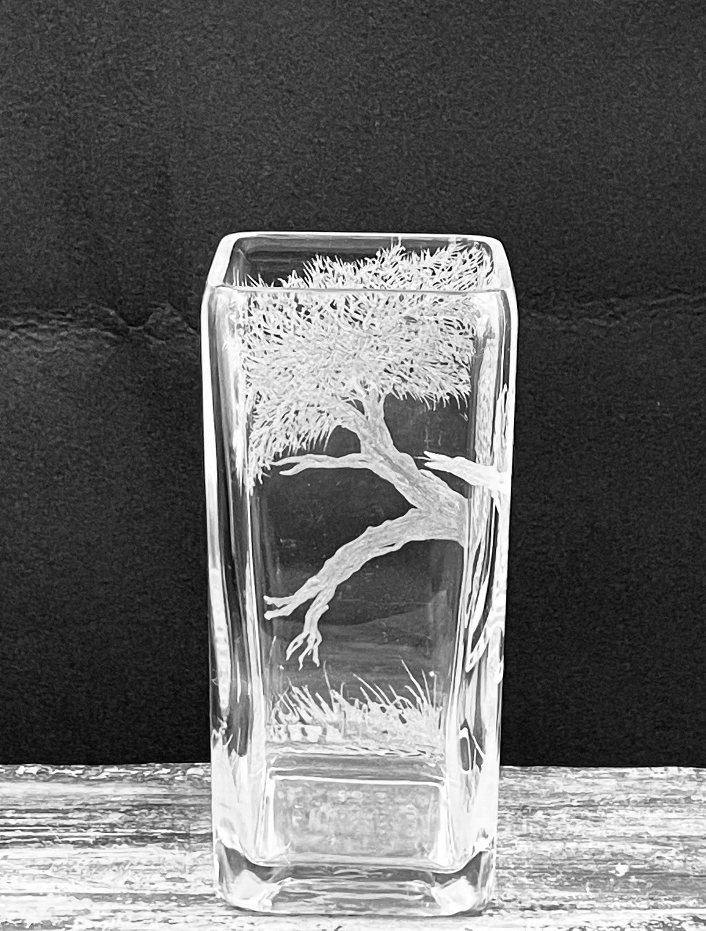 Vase, Square Engraved Leopard in Tree