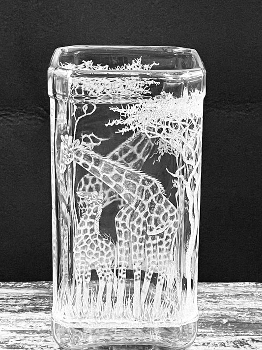 Vase, Square Engraved Giraffe Family