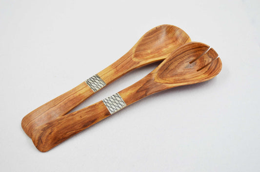 Olive Wood Salad Server with white bone inlay