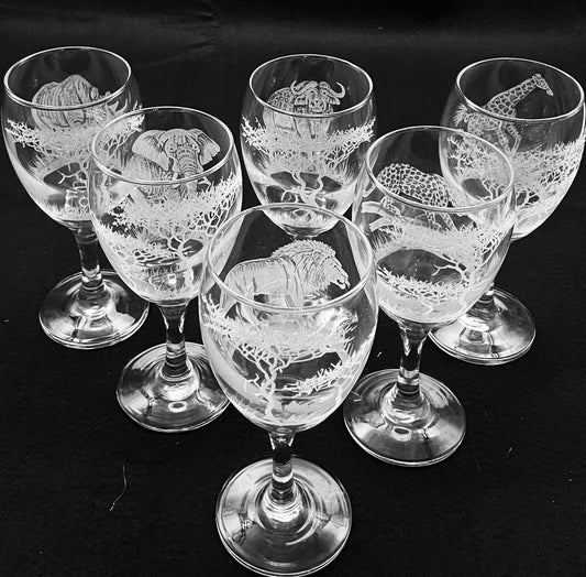 Wine Glasses, Engraved with African Animals.