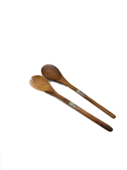 Olive wood Salad Servers with Bone Inlay Handle