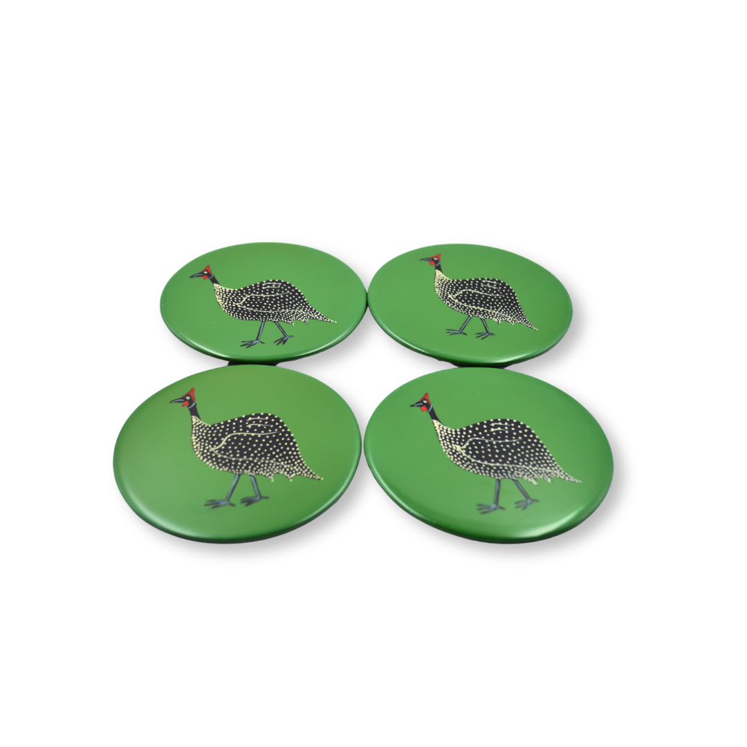 Coasters, Original Guinea Fowl on Avocado Green, Set of 4
