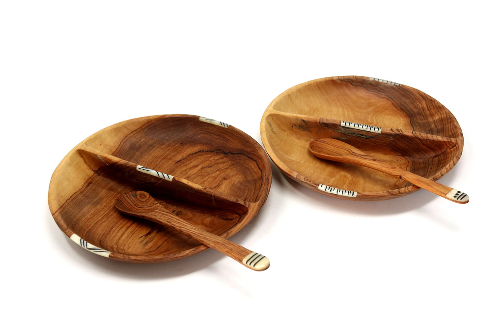 Olive Wood Round Divided Bowl with Bone Inlay