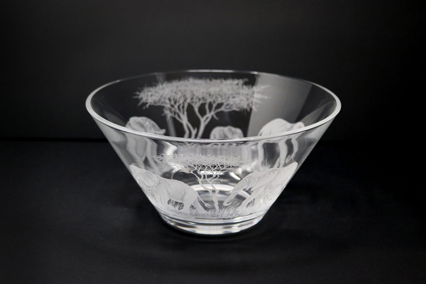 Glass Bowl, Engraved with Elephants in Banana Fibre Presentation Box