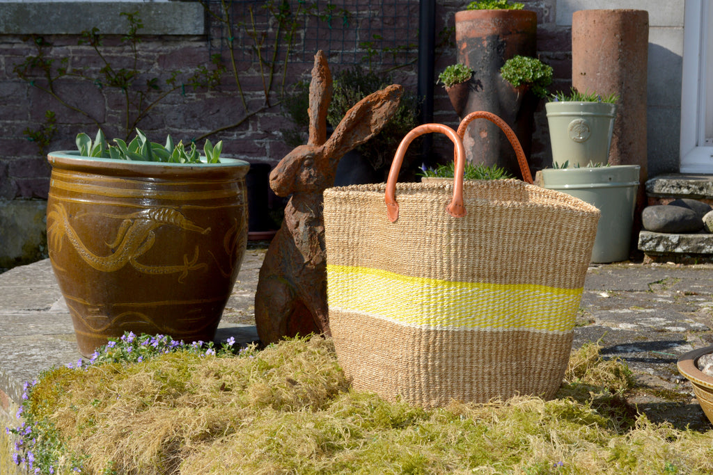Large Sisal Basket, Beige with Yellow and White stripe