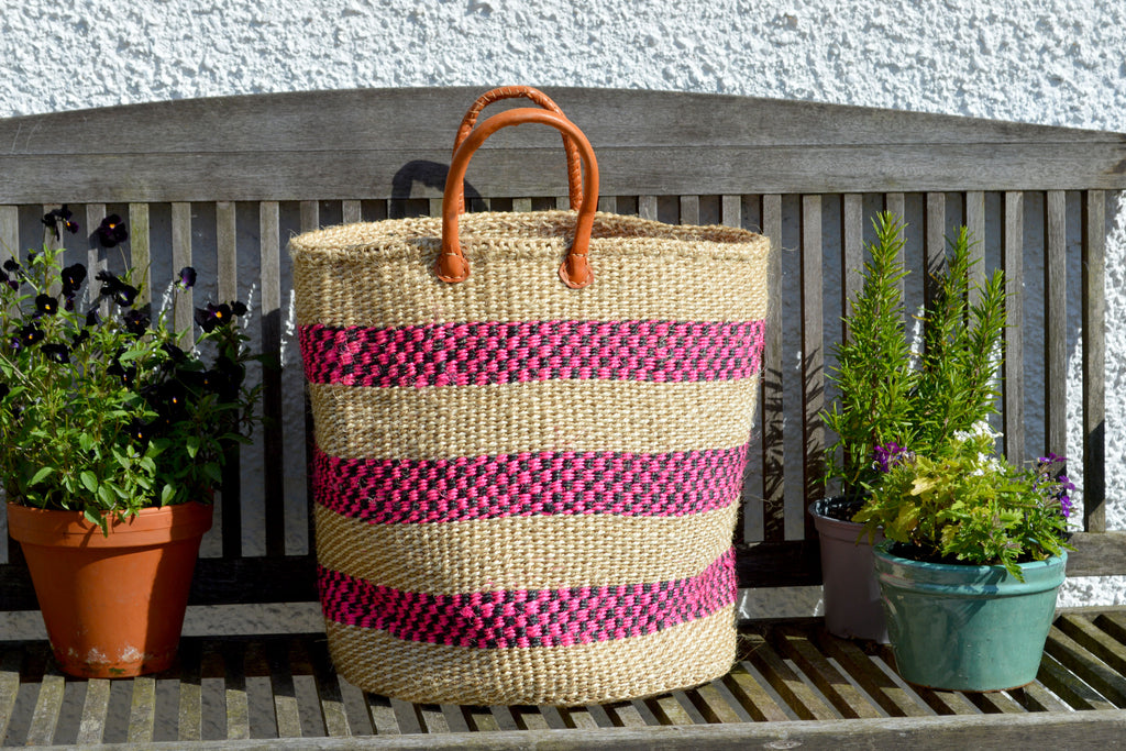 Extra Large Sisal Basket, Natural with Pink and Black check stripes