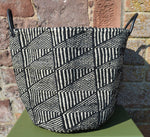 Extra Large Woollen Kiondo style Basket with leather handles. Burgundy, Navy, Pale Blue B&W Hoops