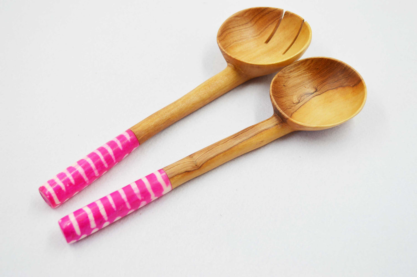 Chunky Olivewood Salad Servers with Pink Handles.