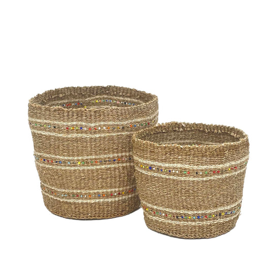 Large & Medium Beaded Fine Sisal Basket Containers-Latte