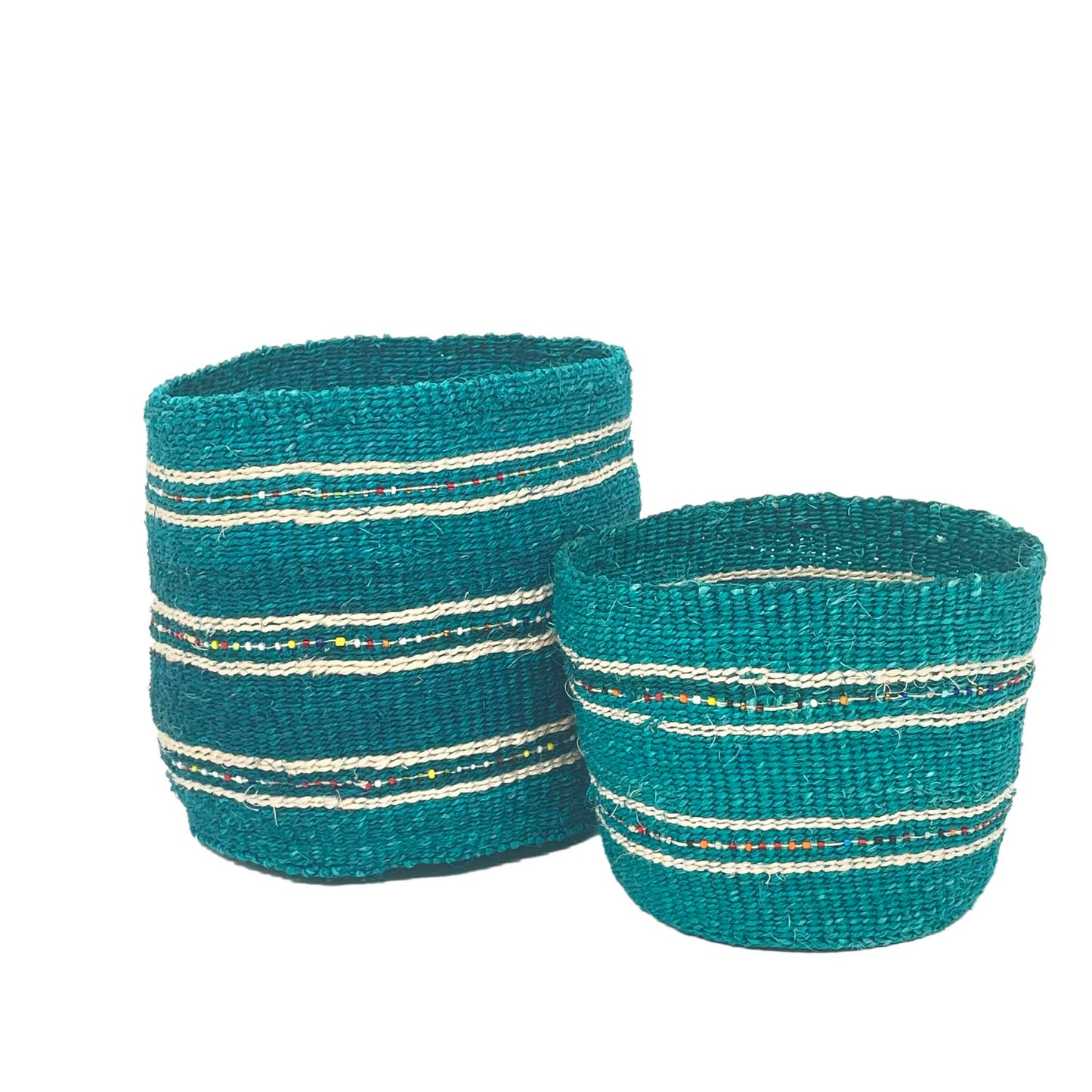 Large & Medium Beaded Fine Sisal Basket Containers- Sea Green