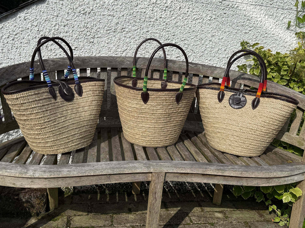 Beaded Tanzanian Seagrass Baskets with Hand stitched Leather & Beaded long handles