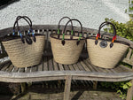 Beaded Tanzanian Seagrass Baskets with Hand stitched Leather & Beaded long handles