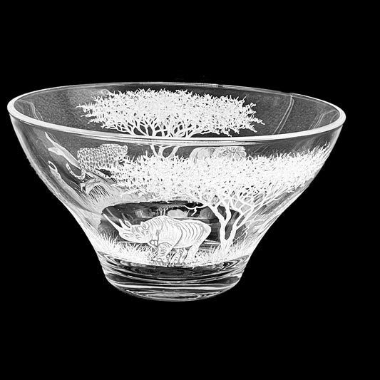 Glass Bowl, Engraved with the Big Five in Banana fibre presentation Box