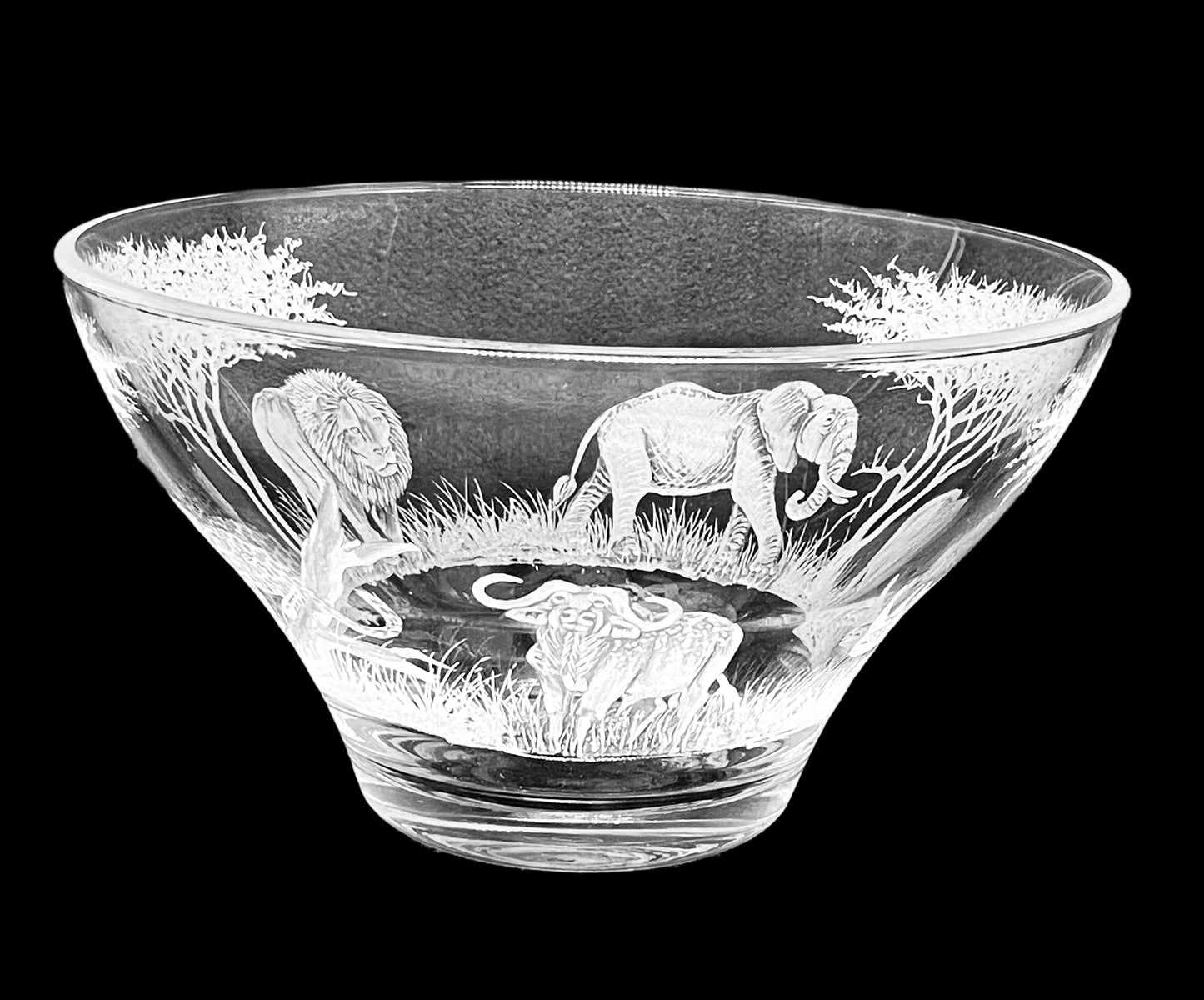 Glass Bowl, Engraved with the Big Five in Banana fibre presentation Box