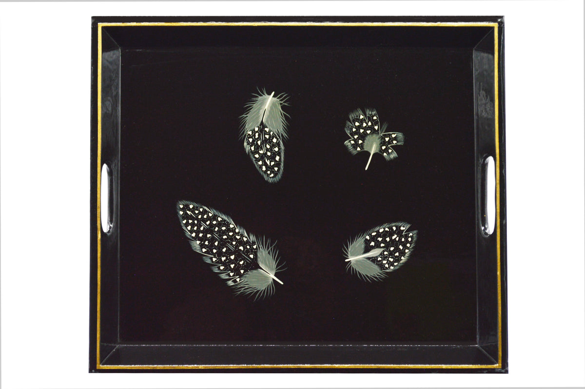 Tea Tray Guinea Fowl Feather on Black