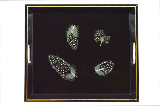 Tea Tray Guinea Fowl Feather on Black