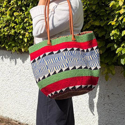 Woollen Kiondo Basket Apple Green,Tomato Red, Baby BlueB&W with long Leather  handles.