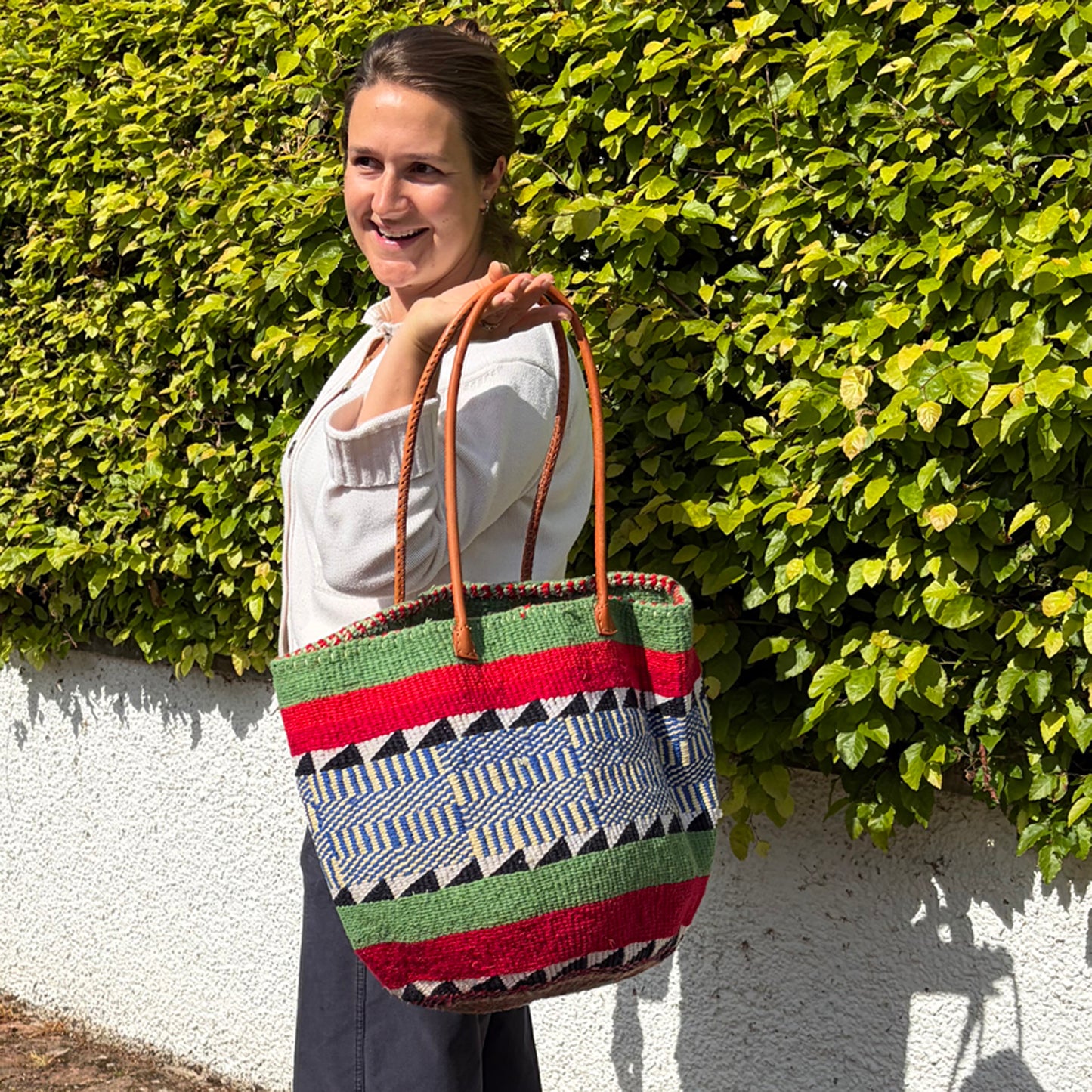 Woollen Kiondo Basket Apple Green,Tomato Red, Baby BlueB&W with long Leather  handles.