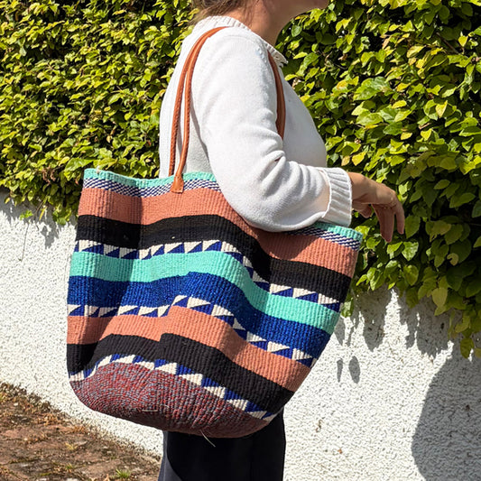 Woollen Kiondo Basket Azure Blue, Navy, Turquoise, Salmon Pink B&W with long Leather handles.
