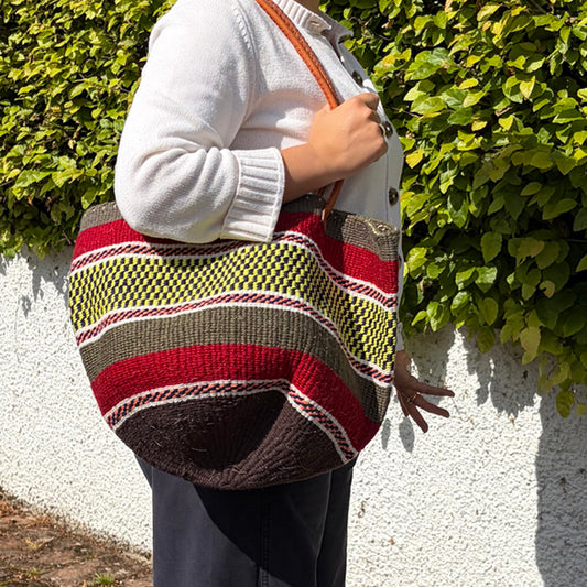 Woollen Kiondo Basket Mole, Burgundy Pinks, Yellow & Black  with long Leather handles.