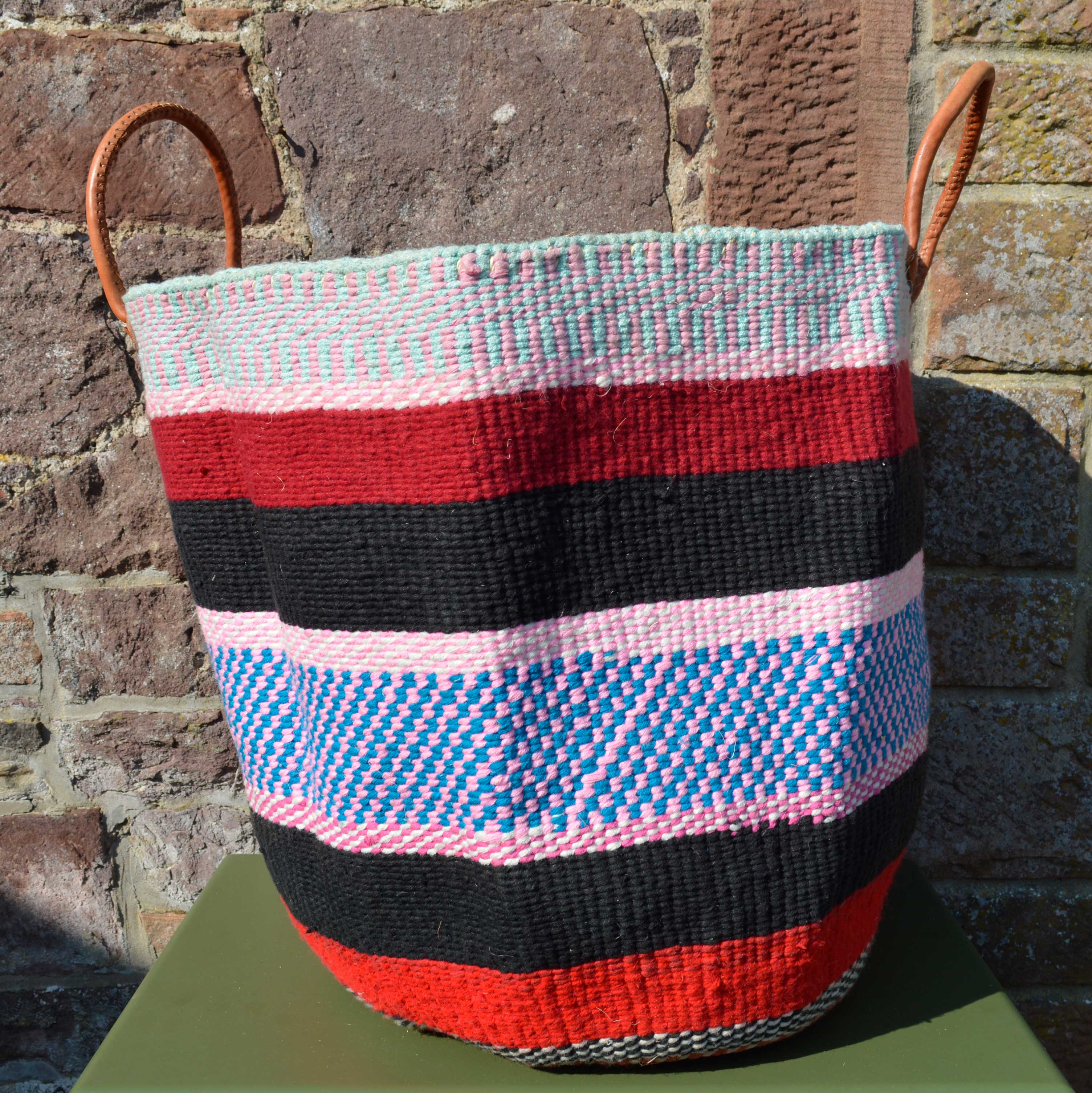 Extra Large Woollen Kiondo style Basket with leather handles. Two Red, Black, Pink & Blue Options
