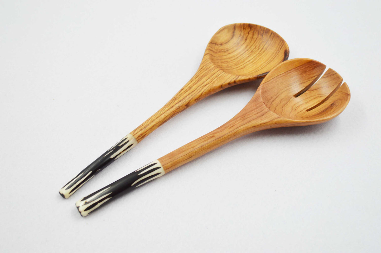 Regular Olive wood Salad Servers with Black & White Batik Handles