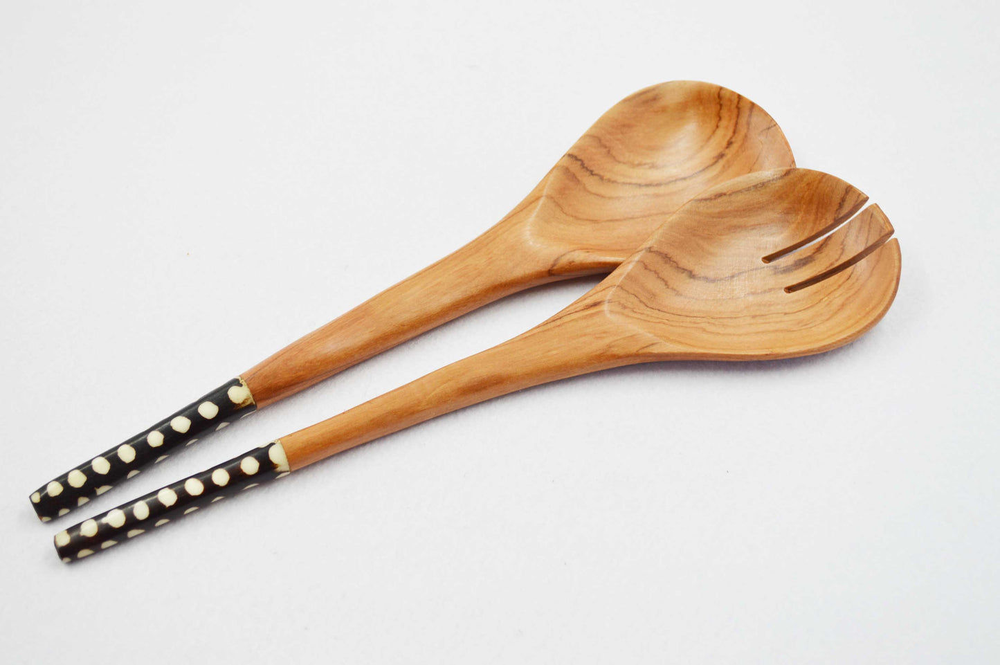 Regular Olive wood Salad Servers with Black & White Batik Handles