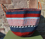 Extra Large Woollen Kiondo style Basket with leather handles. Burgundy, Navy, Pale Blue B&W Hoops