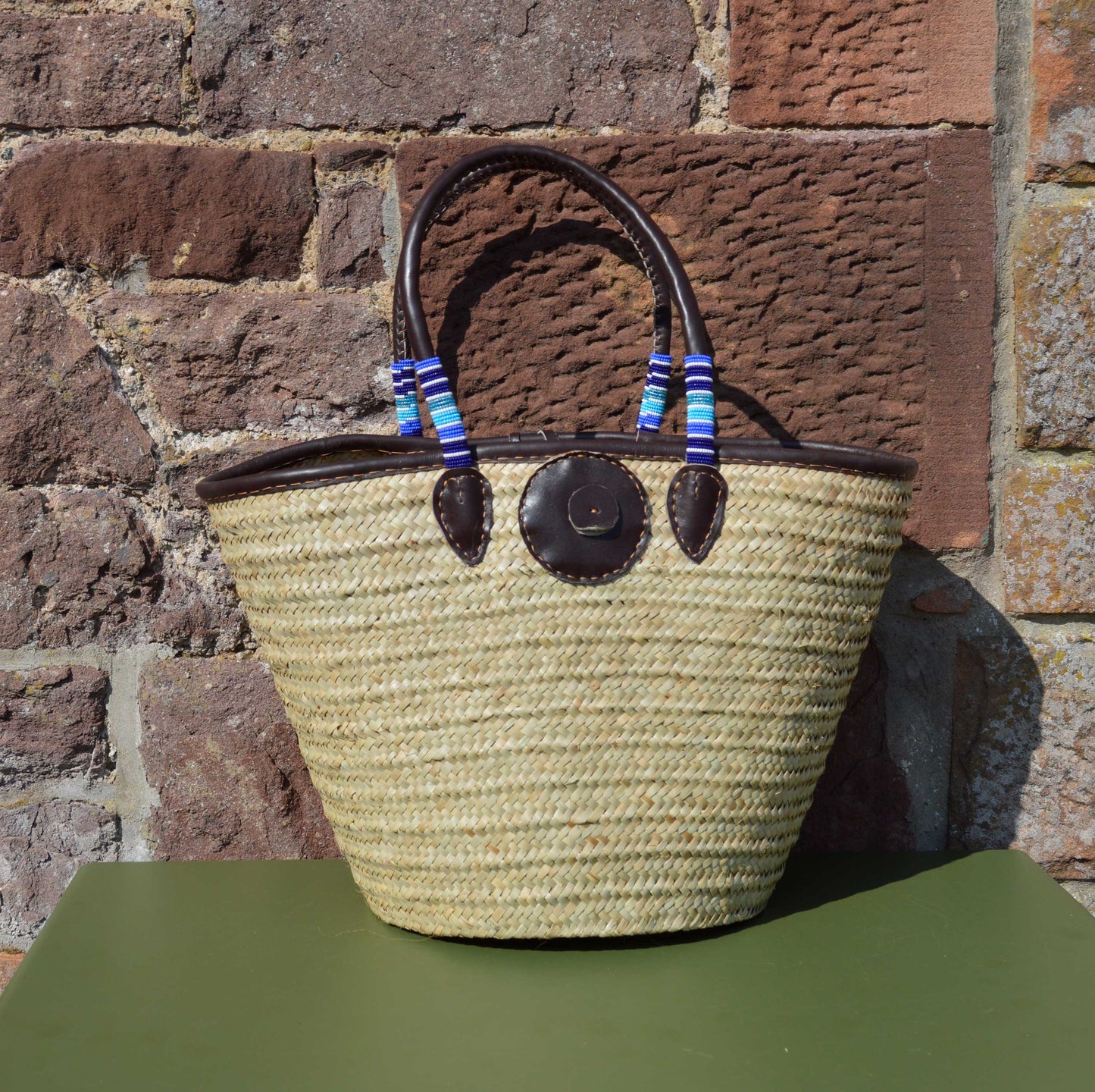 Beaded Tanzanian Seagrass Baskets with Hand stitched Leather & Beaded long handles