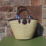 Beaded Tanzanian Seagrass Baskets with Hand stitched Leather & Beaded long handles