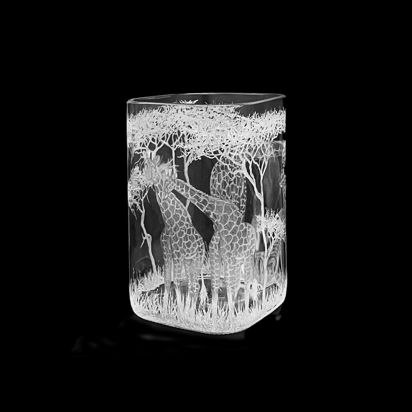 Vase, Square Engraved Giraffe Family