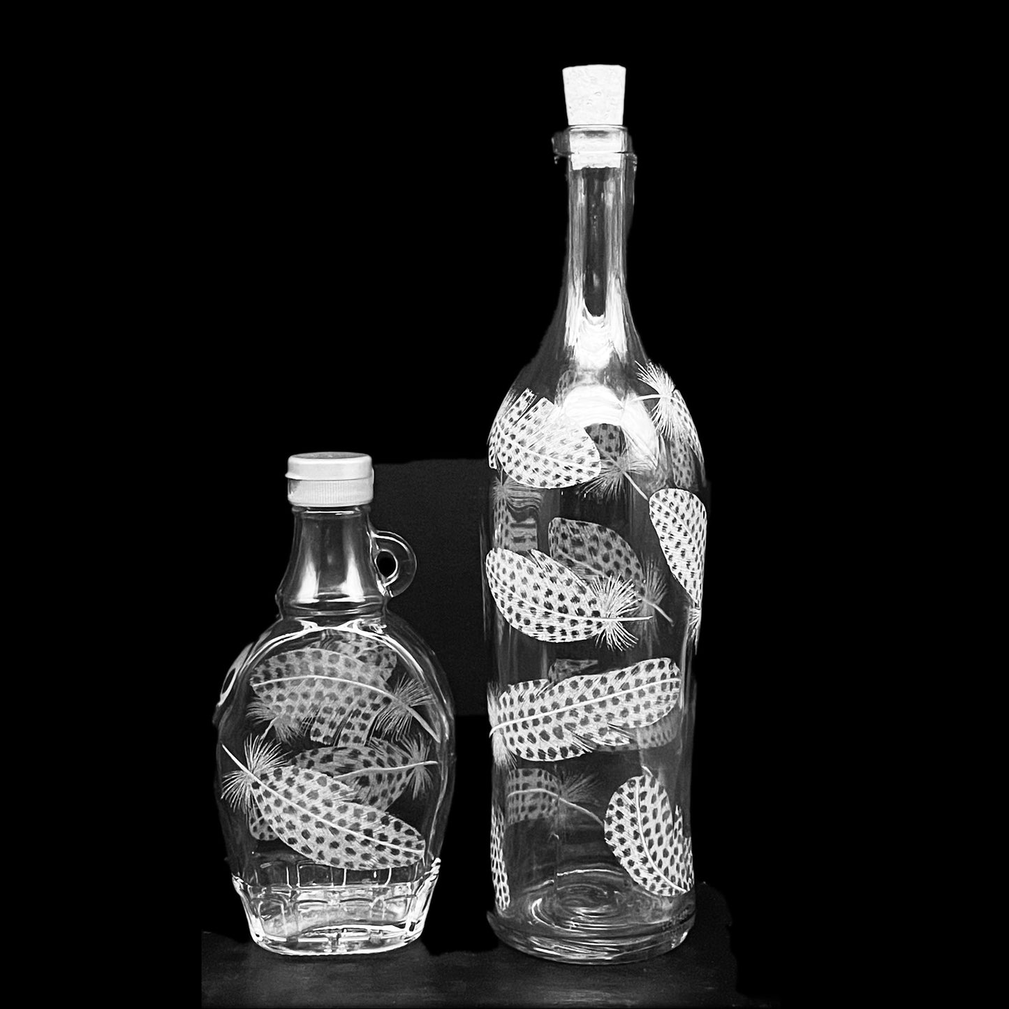 Bottles, Engraved with Guinea Fowl Feathers